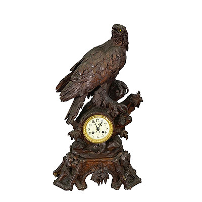 Antique Wooden Mantel Clock with Eagle, Swiss 1900.