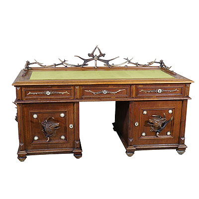 Large Oak Wood Desk with Antler Decorations by Rudolf Brix 1900.