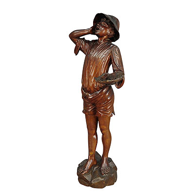 Antique Wooden Carved Statue of a Young Fisherman.