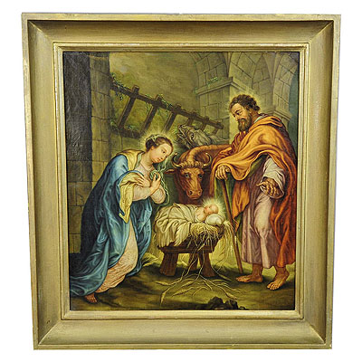 Mary and Joseph in the Barn of Bethlehem, Oil Painting on Canvas.