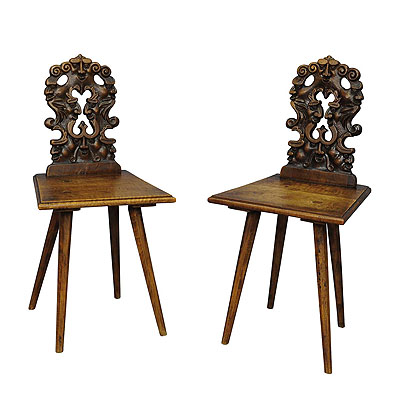 Pair Renaissance Style Carved Children Chairs ca. 1890.