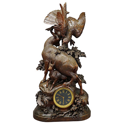 Antique Mantel Clock with Eagle and Chamois Family, ca. 1900.