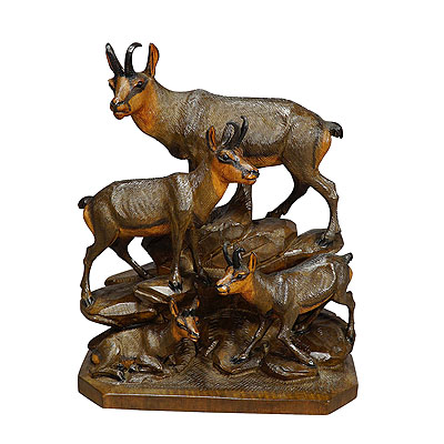 Fine Carved Wood Chamois Family by Ernst Heissl ca. 1900.