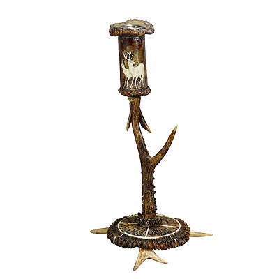 Stylish Cabin Decor Antler Candle Holder with Deer Carving, Germany ca. 1900.