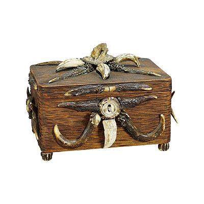 Wooden Black Forest Casket with Antlers Decoration circa 1900s.