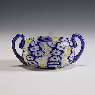 Antique Millefiori Bowl in Blue, Yellow and White, Fratelli Toso Murano 1910.
