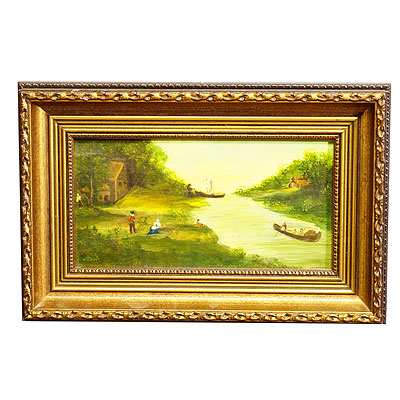 Vintage Oil Painting Victorian River Landscape.