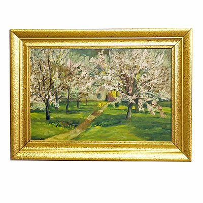 Impressionistic Painting of a Garden with Blossoming Apple Trees.
