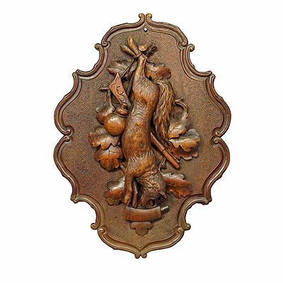 Antique Wooden Carved Black Forest Game Plaque with Fox.