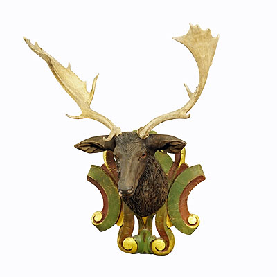 Huge Black Forest Carved Fallow Deer Head with Large Antlers ca. 1890.