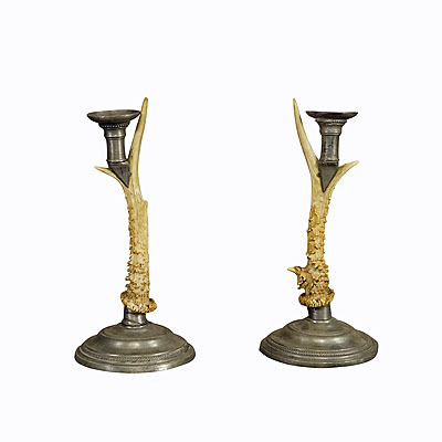 A Pair Black Forest Candle Holders with Pewter Base and Spout, Germany ca. 1860s.