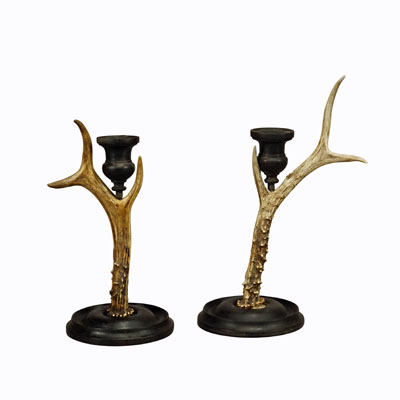 A Pair Vintage Black Forest Candle Holders with Wooden Base and Spout, Germany ca. 1930s.