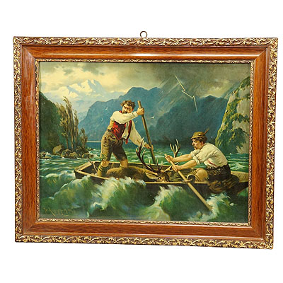 Antique Oil Print with Dramatic Poacher Scene after Josef Ringeisen.
