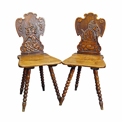 A Pair Carved Bavarian Board Chairs ca. 1900.