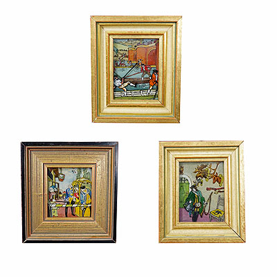 Three Vintage Behind Glass Paintings with Biedermeier Scenes.