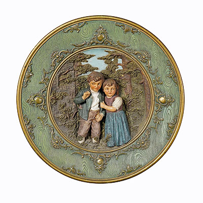 Terracotta Wall Plate with Whimsy Children in Farmer Costumes by Johann Maresch.