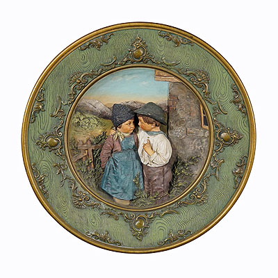 Terracotta Wall Plate with Lovely Children in Traditional Costumes by Johann Maresch.