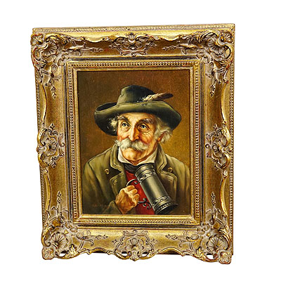 J. Gruber - Portrait of a Bavarian Folksy Man with Beer Mug, Oil on Wood.