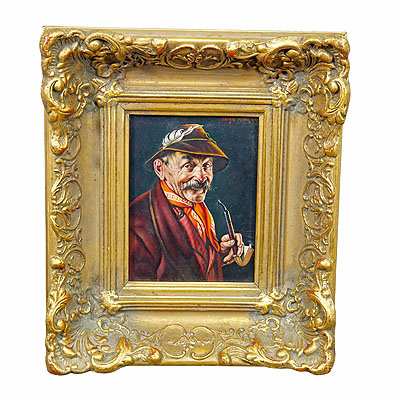 Inge Woelfle - Portrait of a Bavarian Folksy Man with Pipe, Oil on Wood.