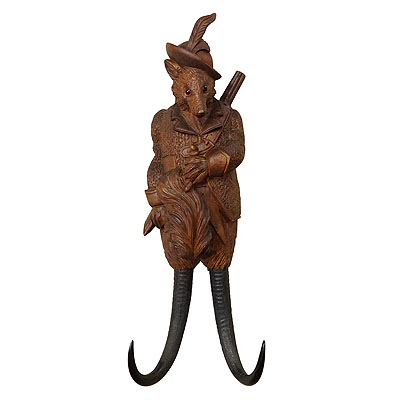 Black Forest Carved Fox Whip Holder or Wall Hook ca. 1900s.