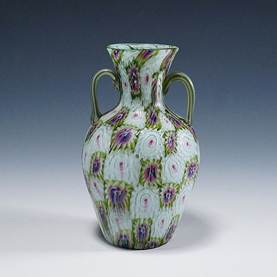 Antique Murrine Vase with Handles, Fratelli Toso Murano ca. 1920s.