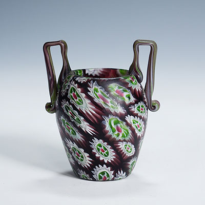 Antique Millefiori Vase with Handles, Fratelli Toso Murano ca. 1910.