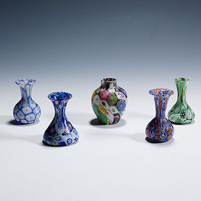 Set of Five Antique Murrine Vases by Fratelli Toso, Murano.