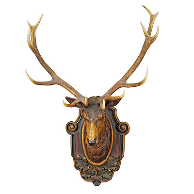 Large Black Forest Carved Stag Head with Large Antlers ca. 1890.