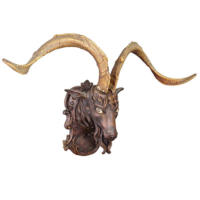 Black Forest Carved Goat Head with Large Antlers ca. 1900s.