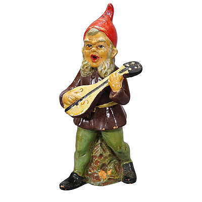 Vintage Terracotta Garden Gnome with Guitar, Germany ca. 1950s.