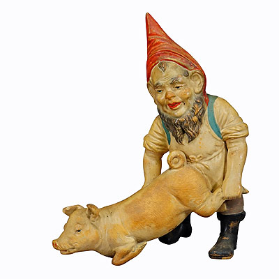 Rare Terracotta Garden Gnome with Pig, Germany ca. 1920s.