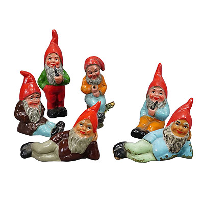 Lot of Six Tiny Terracotta Garden Gnomes, Germany ca. 1950s.