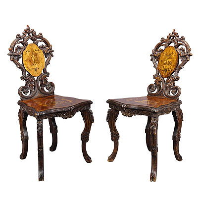 Pair Nutwood Edelweis Marquetry Chairs Swiss Brienz 1900.