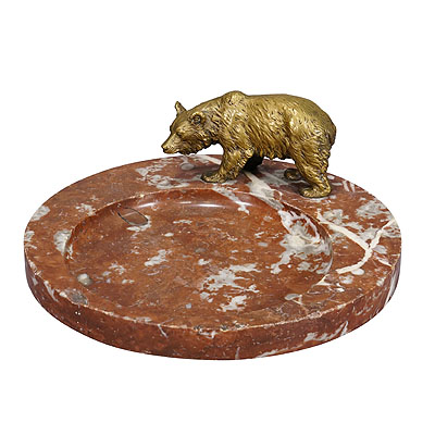 Antique Red Onyx Card Tray with Bear Statue.