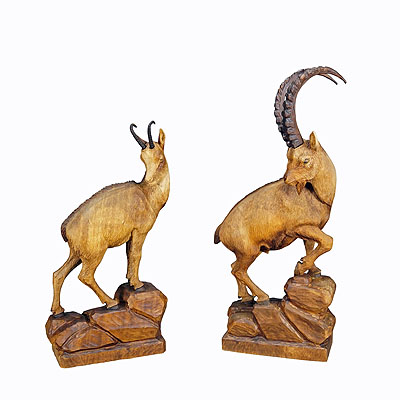 Wooden Carved Ibex and Chamois Sculptures attr. to Rudolf Heissl jr. ca. 1960s.