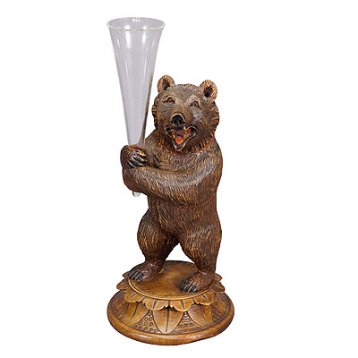 A Wooden Carved Black Forest Bear with Glass Vase ca. 1920.