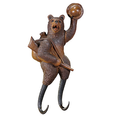 Black Forest Carved Coat Hook with Bear Poacher ca. 1900s.